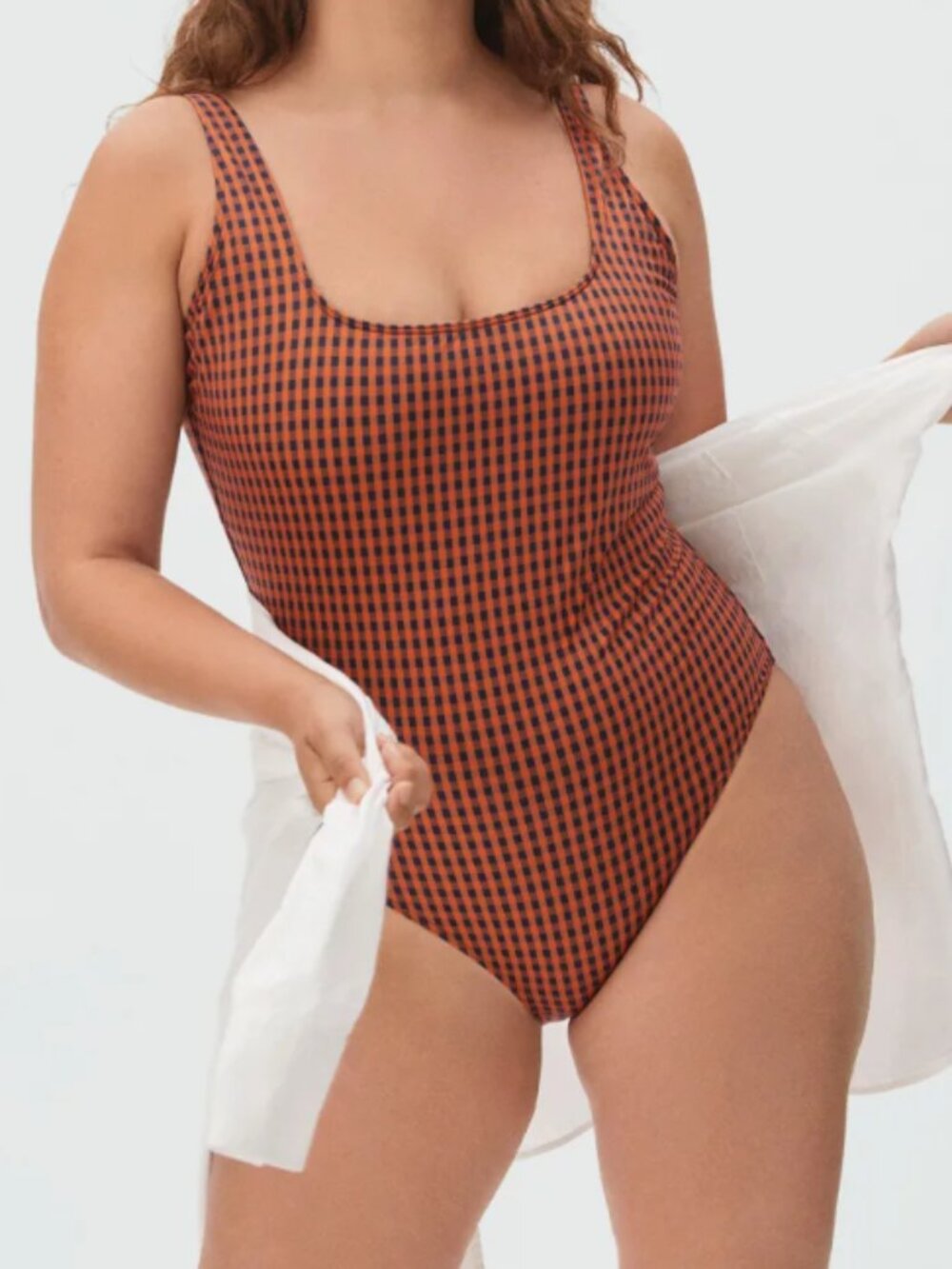 Everlane The Square-Neck One-Piece Swimsuit, Orange/Black Plaid - Womens XXL